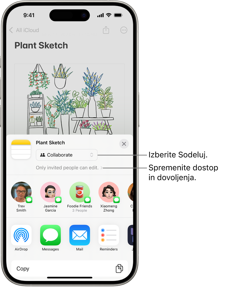 Povabilo za sodelovanje, ki prikazuje možnost Sodelovanje za deljenje in »Samo povabljene osebe lahko urejajo« kot nastavitev dostopa in dovoljenja. Štirje možni prejemniki, vključno s skupino, tvorijo vrstico pod tem. Spodnja vrstica ponuja različne načine za deljenje zapiska: AirDrop, Sporočila, Pošta in Freeform.