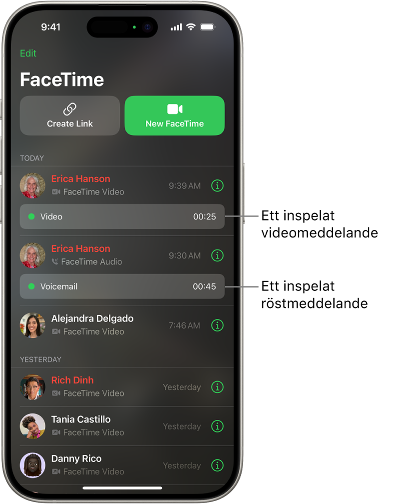 FaceTime-samtalshistoriken med länkar till ett inspelat videomeddelande och ett röstmeddelande.