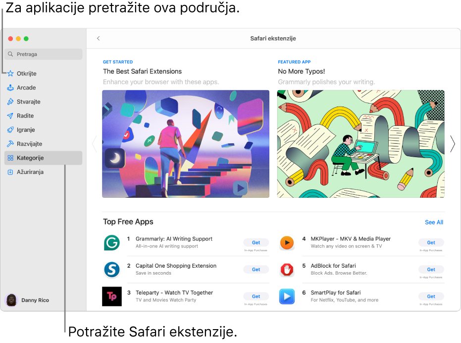 Mac App Store stranica sa Safari ekstenzijama. Rubni stupac s lijeve strane uključuje linkove na druge stranice: Otkrijte, Arcade, Stvarajte, Radite, Igrajte, Razvijajte, Kategorije i Ažuriranja. S desne strane su dostupne Safari ekstenzije.