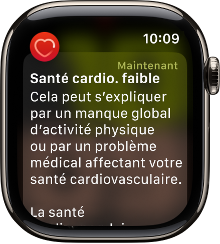 Une alerte Fréquence cardiaque, indiquant une santé cardio. faible.