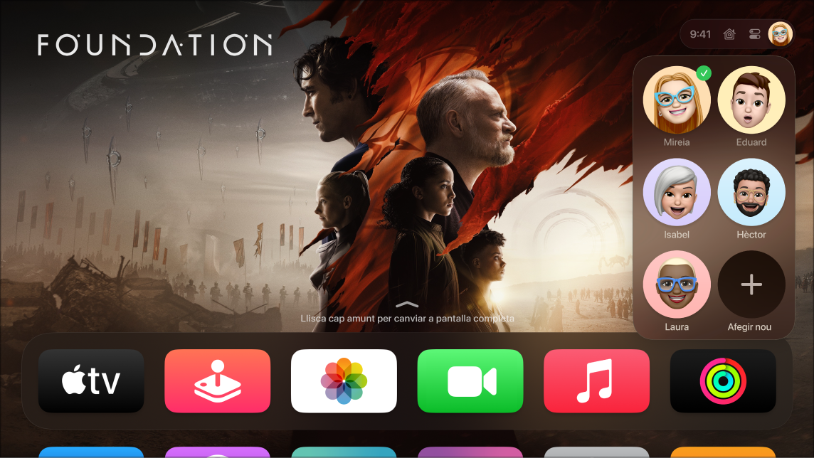 Pantalla de l’Apple TV amb la pestanya de perfils del centre de control.