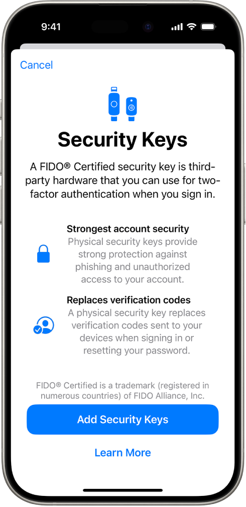 The Security Keys welcome screen. Near the bottom is the Add Security Keys button and a Learn More link. Above them is explanatory text about the benefits of using security keys.