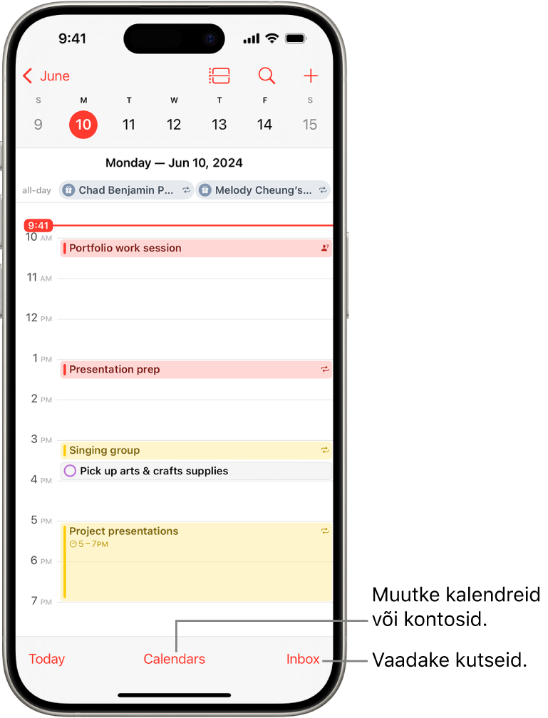 Kalendri vaade Day, kus on toodud päeva sündmused. Ekraani allosas keskel on nupp Calendars ning all paremal nupp Inbox.