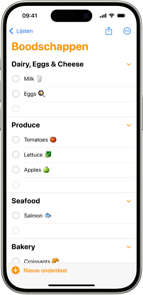 De Herinneringen-app met een boodschappenlijst en onderdelen in categorieën, zoals 'Groenten en fruit' en 'Zeevruchten'.