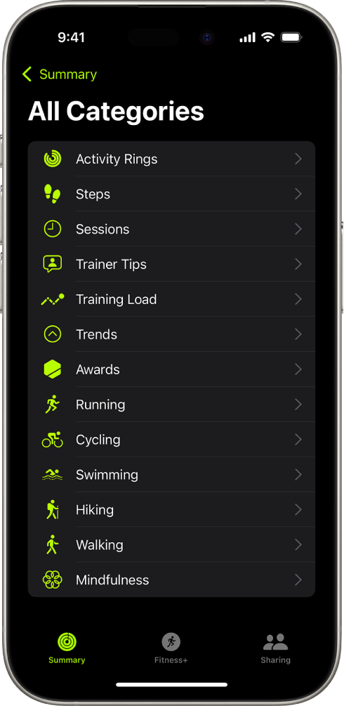 Tela do app Fitness mostrando uma lista de categorias de preparo físico.