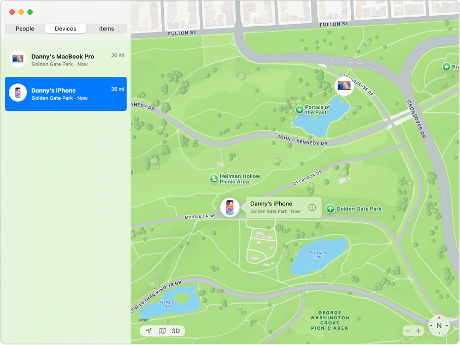 The Find My app showing a list of devices in the sidebar and their locations on a map.