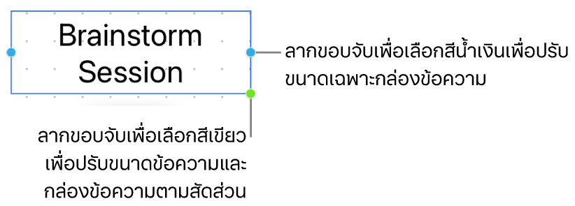 กล่องข้อความที่เลือกแสดงขอบจับเพื่อเลือกสีน้ำเงิน (ช่วยให้คุณสามารถปรับขนาดเฉพาะกล่องข้อความได้) และขอบจับเพื่อเลือกสีเขียว (เพื่อปรับขนาดข้อความและกล่องข้อความตามสัดส่วน)