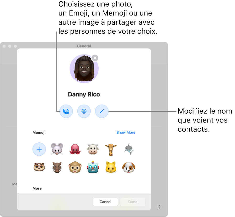 La zone de dialogue de partage du nom et de la photo, affichant les options permettant de modifier le nom que vos contacts voient et de choisir une photo, un Emoji, un Memoji ou une autre image.