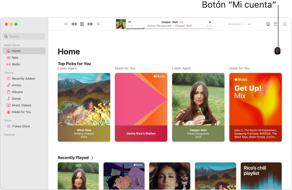 La ventana de Apple Music, mostrando la pantalla de inicio. El botón “Mi cuenta” (que se muestra como una foto o monograma) está en la esquina superior derecha de la ventana.