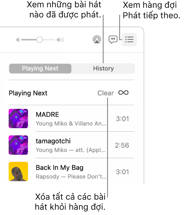 Nút Phát tiếp theo ở góc trên cùng bên phải của Apple Music được chọn và hàng đợi hiển thị. Bấm vào liên kết Lịch sử để hiển thị các bài hát đã phát trước đây. Bấm vào liên kết Xóa để xóa tất cả bài hát khỏi hàng đợi.