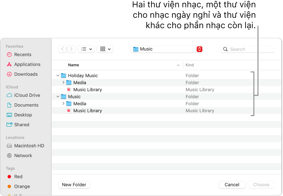 Cửa sổ Finder đang hiển thị nhiều thư viện - một thư viện cho nhạc ngày nghỉ và thư viện khác cho phần nhạc còn lại của bạn.