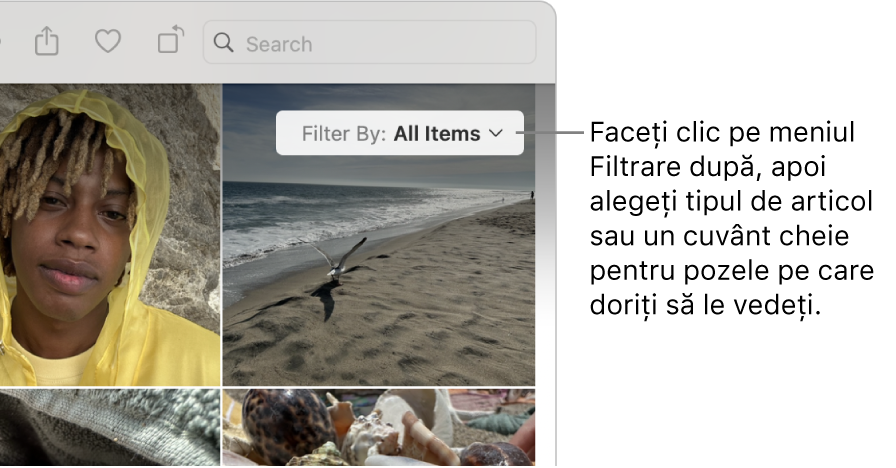 Meniul pop-up Filtrează după, configurat să afișeze toate articolele.