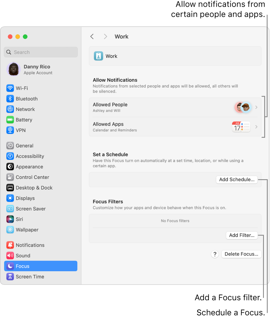 Focus settings showing settings for the Work Focus. At the top is the list of people and apps whose notifications are allowed when the Work Focus is active.