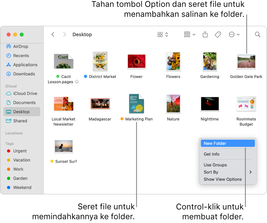 Jendela Finder berisi file dan folder. Di menu pintasan, Folder Baru disorot.