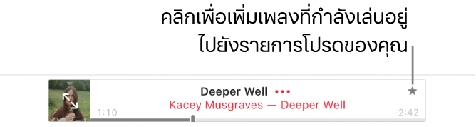 ด้านบนสุดของ Apple Music ที่มีเพลงกำลังเล่นอยู่ คลิกปุ่มรายการโปรดทางด้านขวาของชื่อเพลงเพื่อทำเครื่องหมายเพลงที่กำลังเล่นว่าเป็นรายการโปรด