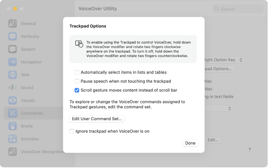 A dialogue in VoiceOver Utility showing settings for using the trackpad to control VoiceOver.