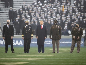 west point, ny december 12 acting secretary of defense, christopher c miller, united states naval academy superintendent vice admiral sean buck, president donald trump, superintendent of the united states military academy lieutenant general darryl a williams, and chairman of the joint chiefs mark a milley before the start of a game between the army black knights and the navy midshipmen at michie stadium on december 12, 2020 in west point, new york photo by dustin satloffgetty images