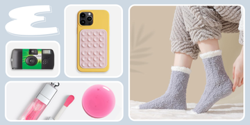 lifestyle image featuring everyday items including a camera phone case lip oil and cozy socks