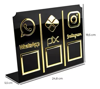 Display Placa 3 Em 1 Whatsapp Pix Instagram Qr Code Preto Preto e Dourado