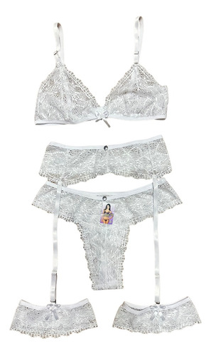 Conjunto Lingerie Cinta Liga Completo Sexy Luxo Renda Sutiã