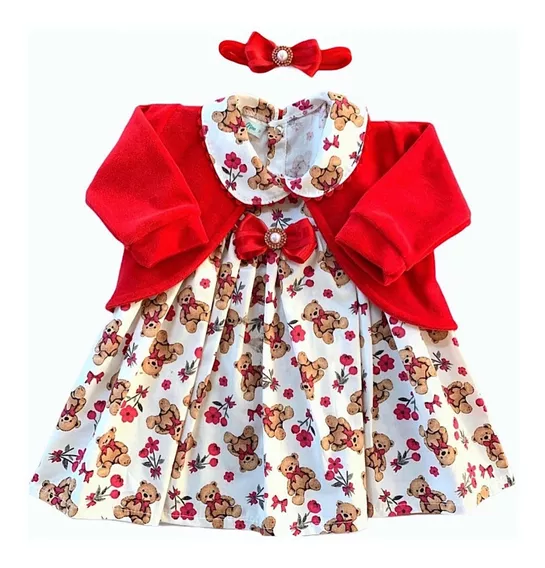 Roupa De Bebe Vestido Menina C/ Bolero E Tiara 100% Algodão