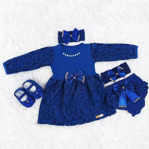 Vestido Para Bebê Manga Longa Renda Baby Kit 5 Pçs Luxo