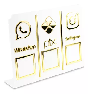 Display Placa 3 Em 1 Whatsapp Pix Instagram Qr Code Branco Branco e dourado