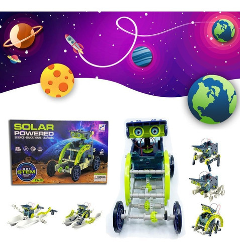 Robô 12 Em 1 Energia Solar Kit Robótica Educacional Galáxia Cor Verde e Azul