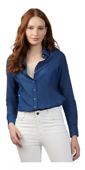 Camisa Feminina Dudalina Ml Slim Jeans Escuro - 53050168