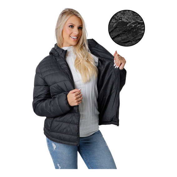 Jaqueta Feminina Puffer Bobojaco Capuz Com Nylon Impermeável