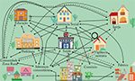 Mapa da rede de Camalaú no enfrentamento à covid-19. Ilustração vetorial de um mapa. Figuras que representam escolas, assistência social, igreja, prefeitura, hospital ou clínica, vigilância sanitária, comunidade na zona rural, comércio e fábrica. Há várias setas interligando cada um deles.