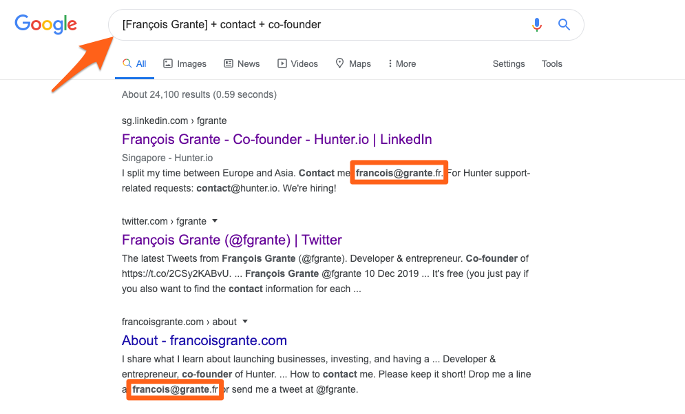 Example of how to use Google search query to find email address of Hunter's co-founder