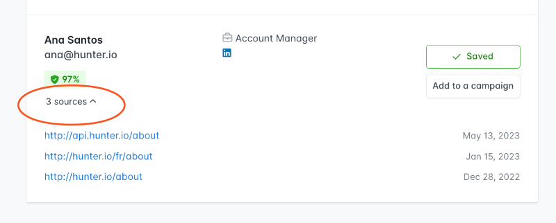 Sources displayed for an email address found using Hunter