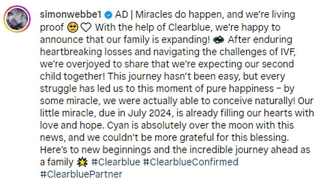 They captioned the post: 'Miracles do happen, and we¿re living proof. With the help of Clearblue, we¿re happy to announce that our family is expanding!'