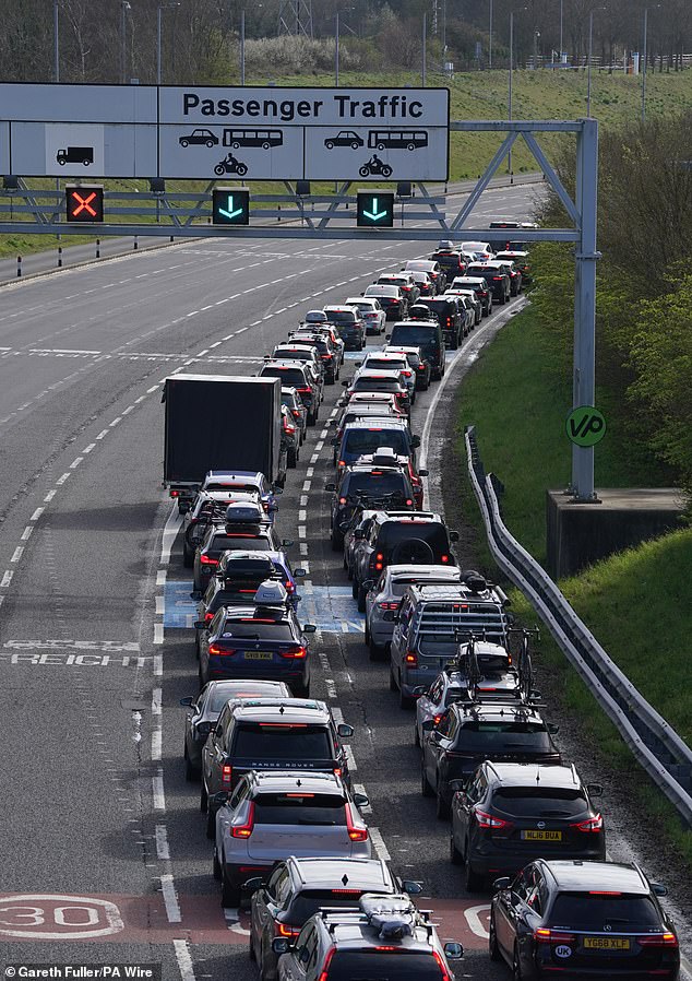 Queues for the Eurotunnel at Folkestone in Kent as the Easter break gets underway. Some travellers chose to use the ferries as they were reportedly cheaper to book