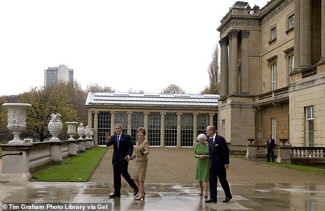 President George W Bush with his wife Laura leave Buckingham Palace with the late Queen and Prince Philip at the conclusion of his state visit to Britain