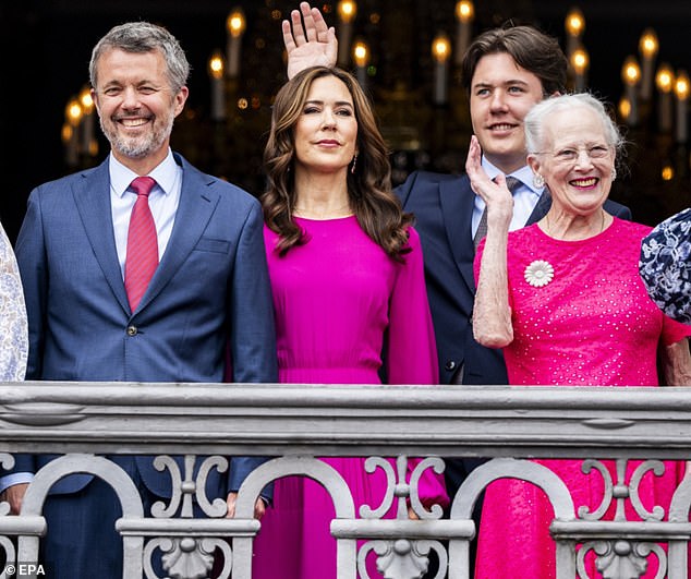 Different country, same story: King Frederik, Queen Mary and Queen Margrethe of Denmark pictured in May - Frederik was made monarch after Queen Margrethe of Denmark abdicated