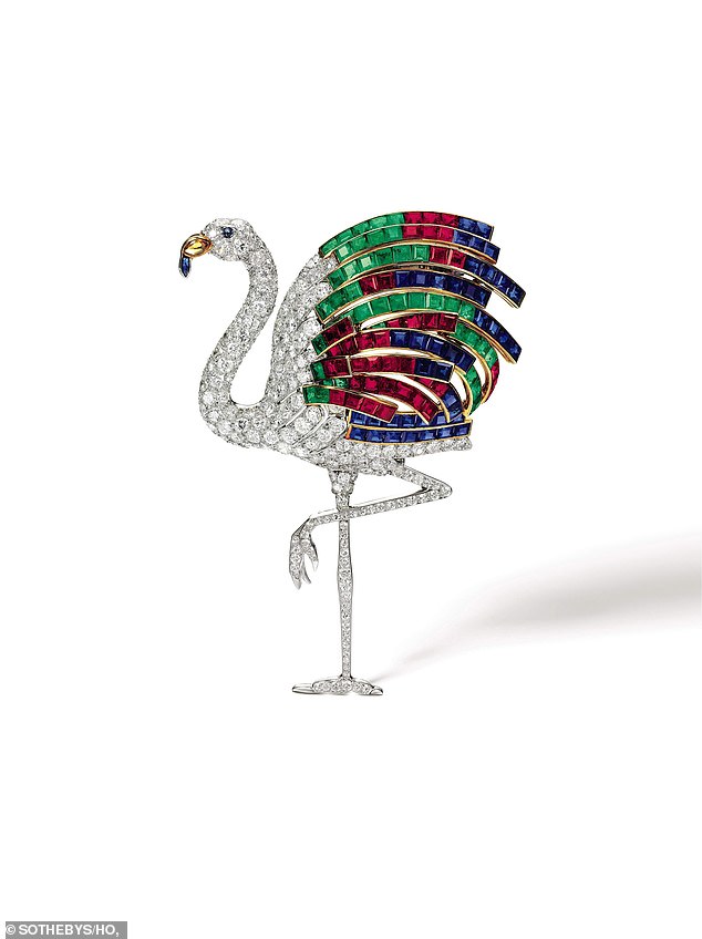 The Duchess¿s favourite piece, a flamingo clip mounted by Cartier, set with rubies, emeralds and diamonds