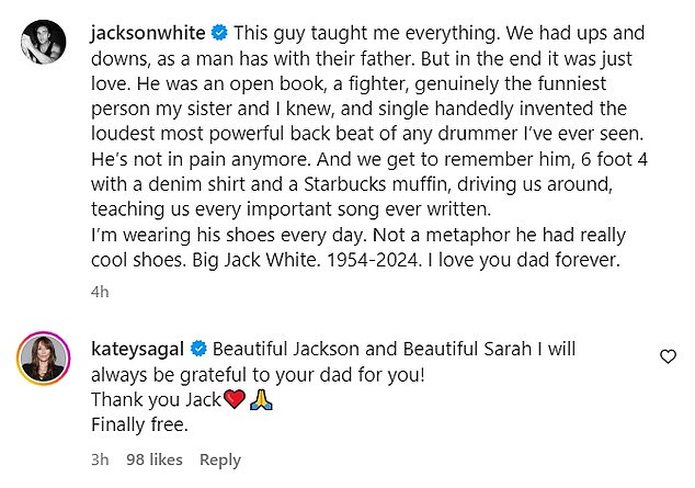 White posted an emotional memorial to his late father, with his mother Katey Sagal chiming in with words of support