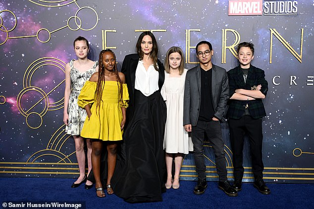 During their brief marriage, Brad Pitt and Angelina Jolie reportedly butted heads over the way they wanted to raise their six children; Jolie pictured with their children Shiloh, Zahara, Vivienne, Maddox, and Knox