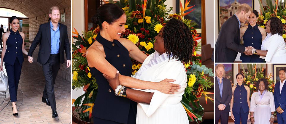 A hug for the VP! Smiling Meghan Markle embraces Colombia's vice president at start of