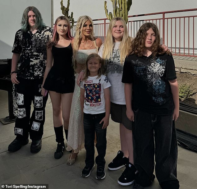 Tori's five children - son Liam, 17; daughter Stella, 16; daughter Hattie, turning 13 on October 10; son Finn, 12; and son Beau, 7 - supported her at the live taping for the first episode