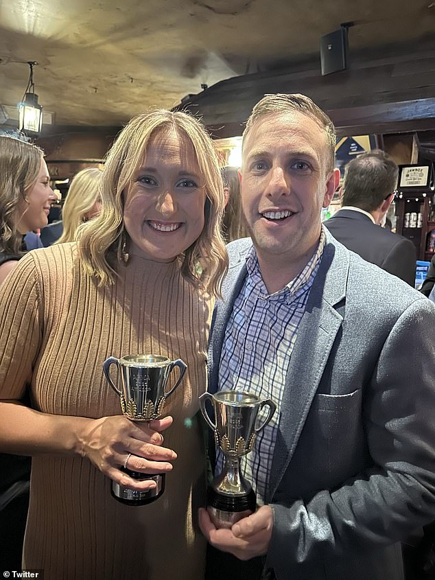 Landsberger (right) was a regular on Fox Footy's Midweek Tackle programme and also recevied the Australian Football Media Association's rising star award in 2013