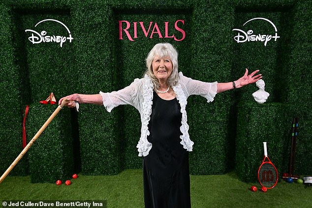 Dame Jilly Cooper, 87, who wore an elegant silk black dress and a sheer ruffled white cardigan for the star-studded event