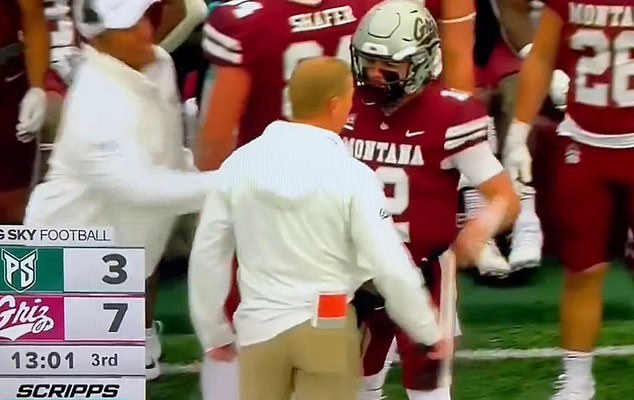 Montana coach Bobby Hauck gets in a screaming match with his quarterback Logan Fife