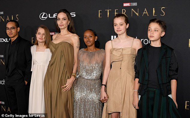 The Oscar-winner posing with her kids Maddox Vivienne, Zahara, Shiloh and Knox at the World Premiere of Marvel Studios' Eternals in 2021