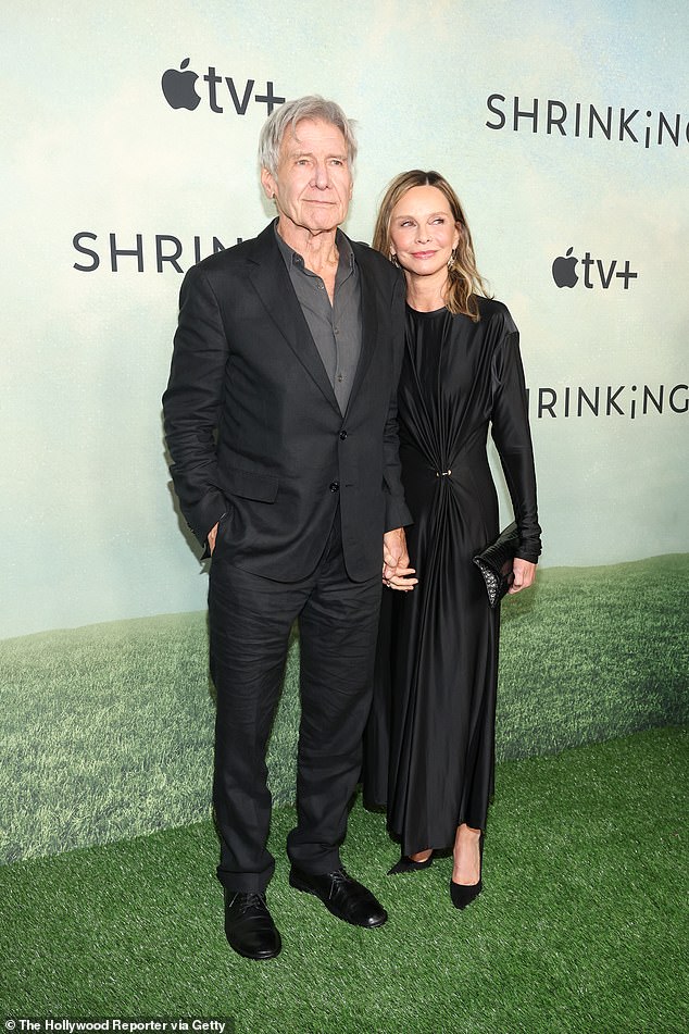 The outing comes days after Harrison celebrated his wife Calista Flockhart's milestone 60th birthday; pictured at the season two premiere of Shrinking last month