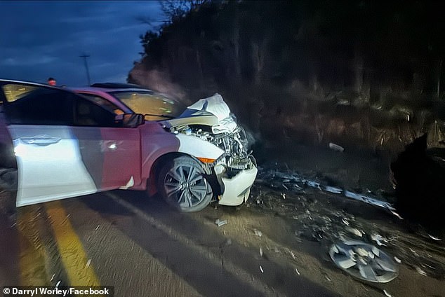 The two cars involved in the crash were so badly damaged both hoods and bumpers were completely crumpled, while parts of the wheels had flown off