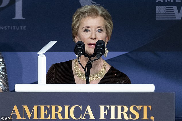 Linda McMahon speaks during an America First Policy Institute gala at Donald Trump's Mar-a-Lago estate on November 14 in Palm Beach, Florida