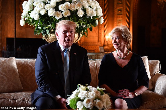 Donald Trump speaks at a press conference with Linda McMahon during her time as head of Small Business Administration on March 29 2019 during the former's first term in office